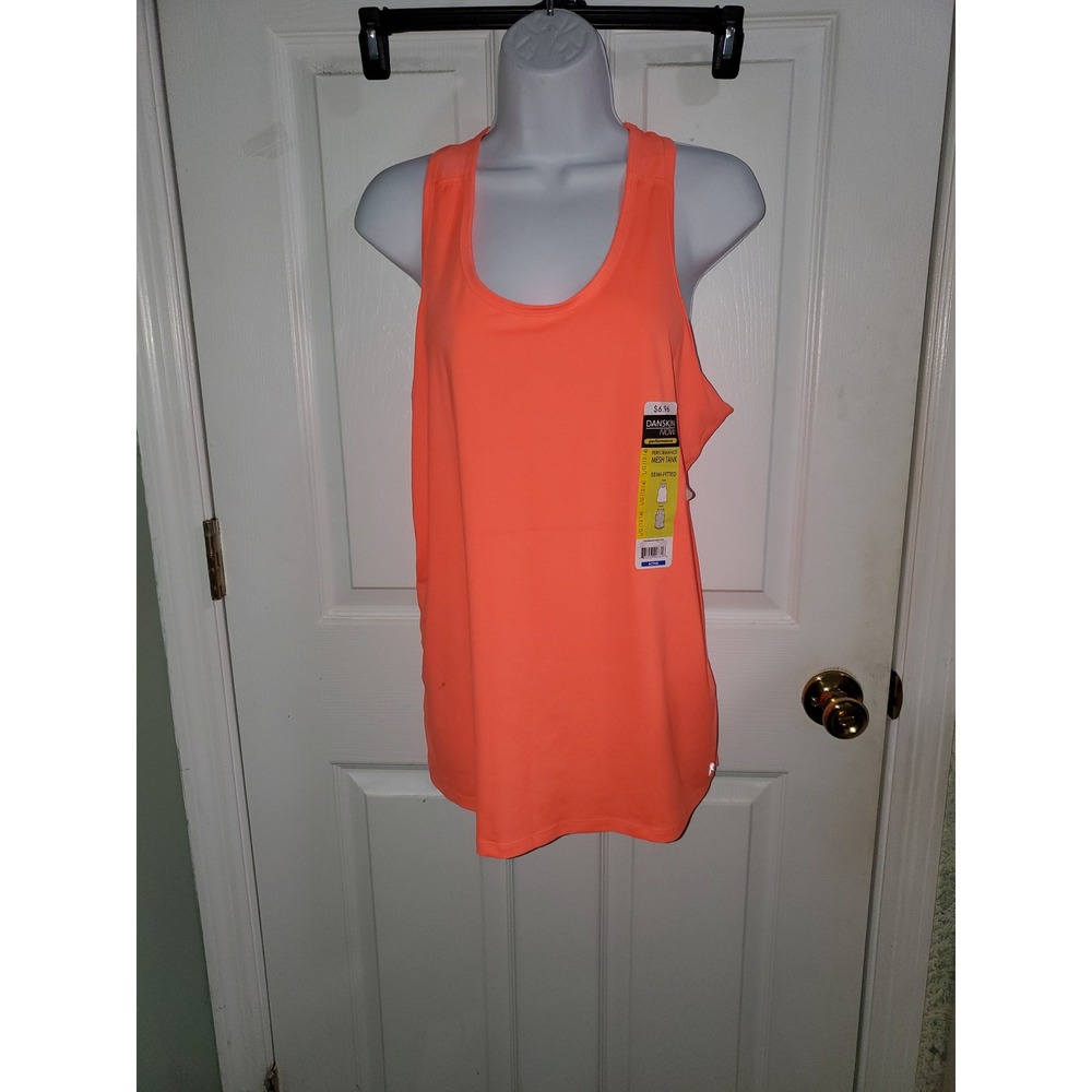 Danskin Now Womens Performance Mesh Tank Top Neon Orange L 12-14 Dri-More NEW